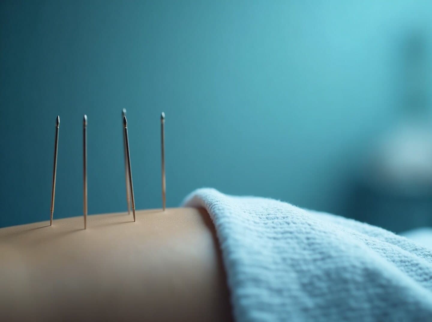 Fine acupuncture needles placed along a patient's upper back and shoulder