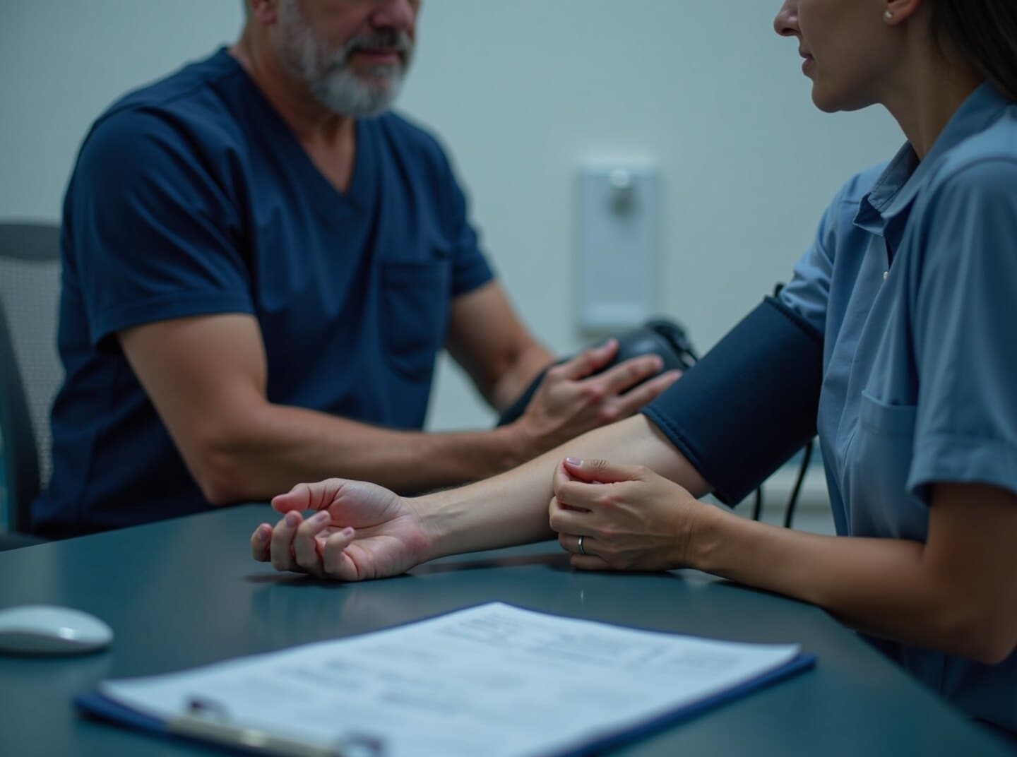 A clinician wrapping a blood pressure cuff on a seated driver's arm in an exam room