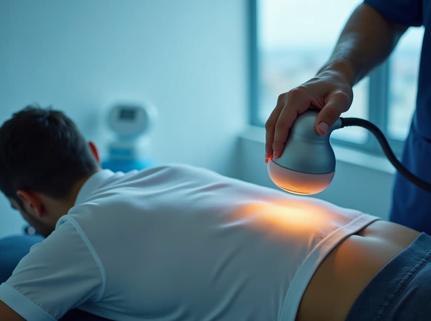 A therapeutic ultrasound wand applied to a patient's lower back